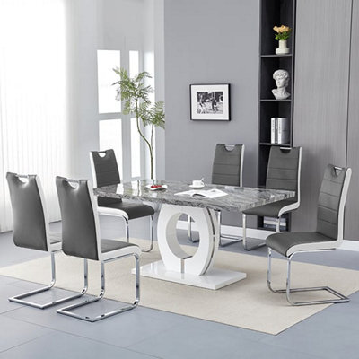 Furniture in Fashion Halo Melange Marble Effect Dining Table 6 Petra Grey White Chairs - image 1