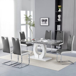Furniture in Fashion Halo Melange Marble Effect Dining Table 6 Petra Grey White Chairs