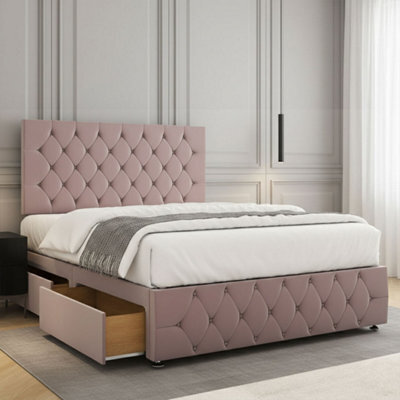 REGIONAL FURNISHINGS Divan Bed Set Luxury Pink Plush Velvet 24Inch Headboard & Footboard & Mattress No Drawers In 3Ft 4Ft 4Ft6 5Ft 6Ft Sizes - image 1