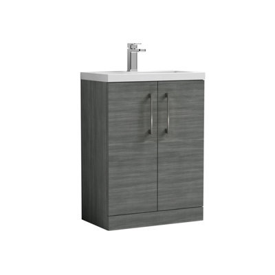 Balterley Level Compact Bathroom Cloakroom Vanity Basin Unit With Polymarble Basin, Brushed Pewter Handles, 600mm, Woodgrain Grey - image 1