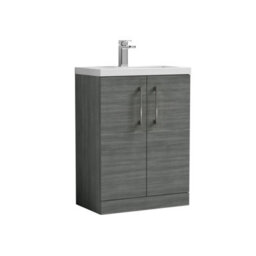 Balterley Level Compact Bathroom Cloakroom Vanity Basin Unit With Polymarble Basin, Brushed Pewter Handles, 600mm, Woodgrain Grey - thumbnail 1