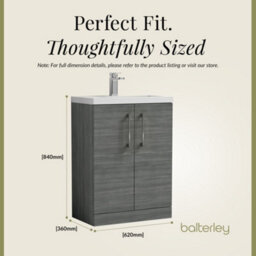 Balterley Level Compact Bathroom Cloakroom Vanity Basin Unit With Polymarble Basin, Brushed Pewter Handles, 600mm, Woodgrain Grey - thumbnail 5