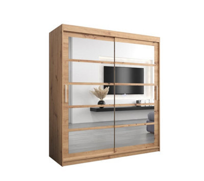 Arte Roma Ii Oak Artisan Stylish Sliding Door Wardrobe H2000mm W1800mm D620mm With Mirrored Panels And Silver Handles - image 1