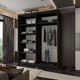 M N Furniture Ltd Wardrobe With Led Light, Sliding Mirror Doors, Shelves, Hanging Rails - Modern Bedroom Cabinet (Black,150Cm) - thumbnail 2