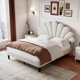 Matteo Luxury Beige 4Ft6 Double Velvet Upholstered Bed Frame With Adjustable Petal Headboard & Solid Wood Slats - Easy Assembly - thumbnail 3