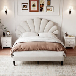 Matteo Luxury Beige 4Ft6 Double Velvet Upholstered Bed Frame With Adjustable Petal Headboard & Solid Wood Slats - Easy Assembly - thumbnail 4