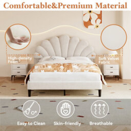 Matteo Luxury Beige 4Ft6 Double Velvet Upholstered Bed Frame With Adjustable Petal Headboard & Solid Wood Slats - Easy Assembly - thumbnail 6