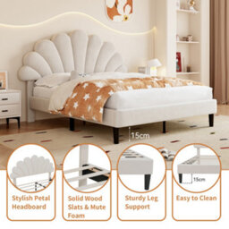 Matteo Luxury Beige 4Ft6 Double Velvet Upholstered Bed Frame With Adjustable Petal Headboard & Solid Wood Slats - Easy Assembly - thumbnail 5