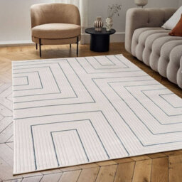 The Rugs Carmel Cream/blue Geometric Design Area Rug And Runner Non Shedding, Stain Resistant, Soft - thumbnail 1