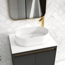 Royal Bathrooms Orion 600mm Matt Obsidian Black Wall Hung Plain White Countertop Vanity Unit 2 Drawer With Peak Basin & Brushed Brass Accent Trim - thumbnail 5