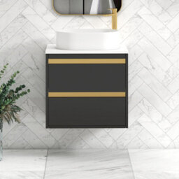 Royal Bathrooms Orion 600mm Matt Obsidian Black Wall Hung Plain White Countertop Vanity Unit 2 Drawer With Peak Basin & Brushed Brass Accent Trim