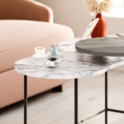 Decortie Modern Cuddle Coffee Tables White Marble Effect Retro Grey 2 Piece Nested Table Round W Wheels And Oval Table Metal Legs - thumbnail 5
