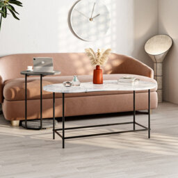 Decortie Modern Cuddle Coffee Tables White Marble Effect Retro Grey 2 Piece Nested Table Round W Wheels And Oval Table Metal Legs - thumbnail 4