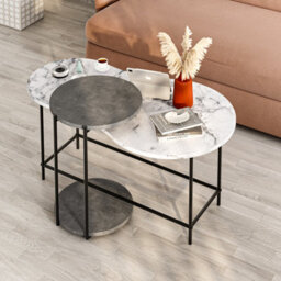 Decortie Modern Cuddle Coffee Tables White Marble Effect Retro Grey 2 Piece Nested Table Round W Wheels And Oval Table Metal Legs - thumbnail 7