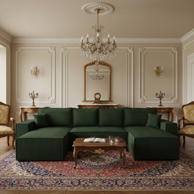 Malaga U Mdf Upholstered Living Room Corner Sofa Bed Has Storage Free Standing Backrest 370X181X94Cm Green - image 1
