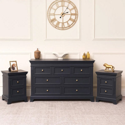 Melody Maison Large 7 Drawer Chest Of Drawers & Pair Of Bedside Tables - Daventry Navy Black Range - image 1