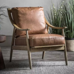 Xample Gallery Reliant Brown Leather Armchair With Solid Oak Frame - Mid Century Modern Fully Assembled Accent Chair