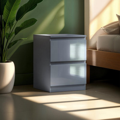 Fwstyle Gloss Grey Bedside Chest Table 2 Drawer 40% Extra Storage - image 1