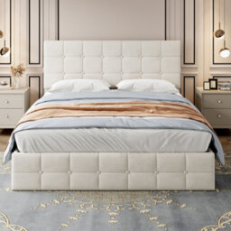 Btm Velvet Double Ottoman Bed Frame With Hydraulic Storage, Adjustable Tufted Headboard, Beige