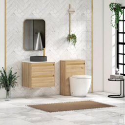 Royal Bathrooms Orion 600mm Natural Oak Wall Hung Plain White Countertop Vanity Unit 2 Drawer With Art Round Basin & Brushed Brass Accent Trim - thumbnail 3