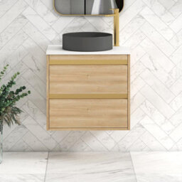 Royal Bathrooms Orion 600mm Natural Oak Wall Hung Plain White Countertop Vanity Unit 2 Drawer With Art Round Basin & Brushed Brass Accent Trim - thumbnail 2