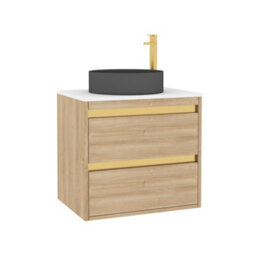 Royal Bathrooms Orion 600mm Natural Oak Wall Hung Plain White Countertop Vanity Unit 2 Drawer With Art Round Basin & Brushed Brass Accent Trim - thumbnail 6