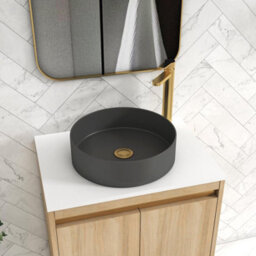Royal Bathrooms Orion 600mm Natural Oak Wall Hung Plain White Countertop Vanity Unit 2 Drawer With Art Round Basin & Brushed Brass Accent Trim - thumbnail 5