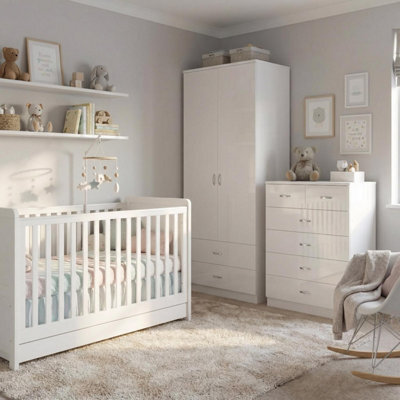 Fwstyle Chilton 2 Piece Gloss White Nursery Furniture Set - 2 Door 2 Drawer Combination Wardrobe, 6 Drawer Chest Of Drawers - image 1