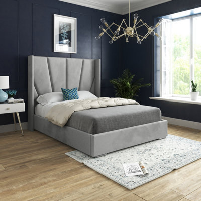 Bellini Wide Curved Winged Upholstered Soft Velvet Bed Frame - Grey - image 1