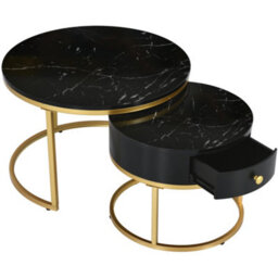 Abrihome Round Nesting Coffee Tables With Drawer, 2-Pc Removable End Tables, Gold Metal Frame & Marble Pattern Top For Living Room, Bedroom - thumbnail 7