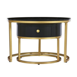 Abrihome Round Nesting Coffee Tables With Drawer, 2-Pc Removable End Tables, Gold Metal Frame & Marble Pattern Top For Living Room, Bedroom - thumbnail 9