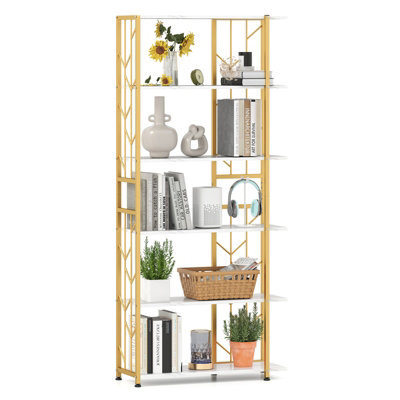 Gainoom 6-Tier White Bookshelf Modern Geometric Bookcase With Heavy-Duty Metal Frame - image 1
