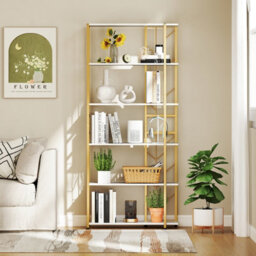 Gainoom 6-Tier White Bookshelf Modern Geometric Bookcase With Heavy-Duty Metal Frame - thumbnail 4
