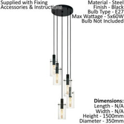 Elegant 5-Bulb Black Pendant Ceiling Light With Clear Glass Shades - thumbnail 2