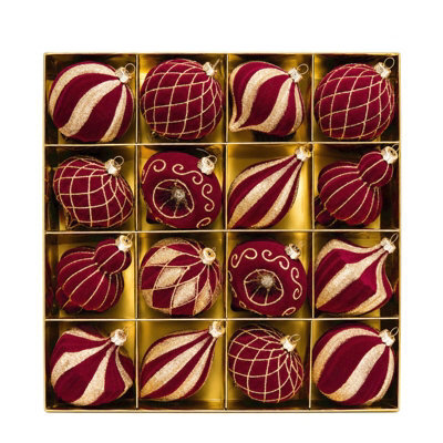 Amorly 16Pack Burgundy Velvet Christmas Baubles, 3.15 Inch Golden Glitter Hanging Ornaments For Christmas Tree, Holiday Party Decoration - image 1