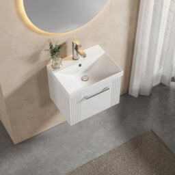 Balterley Belvide Partial Fluted 1 Drawer Wall Hung Vanity Unit With 1 Tap Hole Thin-Edge Basin- 500mm - Satin White - thumbnail 5