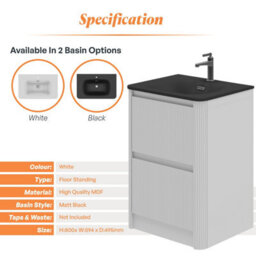 Plum&clay Isla Ribbed Fluted White 2 Drawer Freestanding Bathroom Vanity Unit & Black Basin Set (W)600mm - thumbnail 5