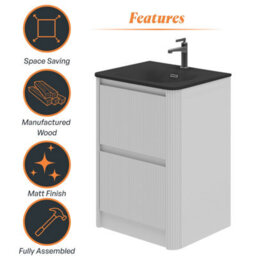 Plum&clay Isla Ribbed Fluted White 2 Drawer Freestanding Bathroom Vanity Unit & Black Basin Set (W)600mm - thumbnail 6