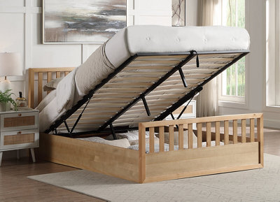 Save On Goods UK 4Ft6 Double Oak Finish Wood Wooden Ottoman Gas Lift Up Storage Bed Frame Bedstead - image 1