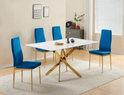 Furnizone UK Auric 6-Seater White Marble-Effect Glass Dining Table And 6 Glitz Blue Velvet Chairs