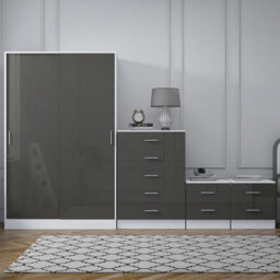 Reflect 2 Door Sliding Wardrobe, 5 Drawer Chest, 2X 2 Drawer Bedsides - Grey Gloss & Matt White - Modern Bedroom Furniture Set - thumbnail 4