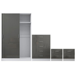 Reflect 2 Door Sliding Wardrobe, 5 Drawer Chest, 2X 2 Drawer Bedsides - Grey Gloss & Matt White - Modern Bedroom Furniture Set - thumbnail 7