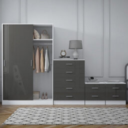 Reflect 2 Door Sliding Wardrobe, 5 Drawer Chest, 2X 2 Drawer Bedsides - Grey Gloss & Matt White - Modern Bedroom Furniture Set - thumbnail 3