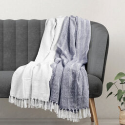 Ehc Premium Pack Of 2 Cross-Stitch Throws For Sofa/chair Blanket, 125 X150 Cm - Navy Blue/ Ivory - thumbnail 2