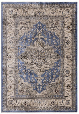 Blue Luxurious Traditional Bordered Easy To Clean Rug For Living Room Bedroom & Dining Room-120Cm X 166Cm - image 1