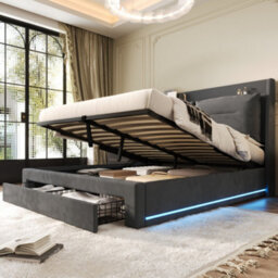 Matteo Uk King Size Dark Grey Velvet Ottoman Bed Frame With Hydraulic Storage & Led Lights - thumbnail 2