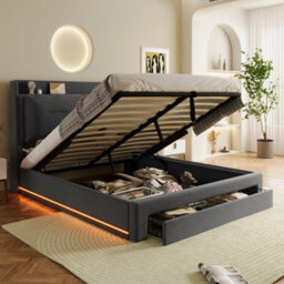 Matteo Uk King Size Dark Grey Velvet Ottoman Bed Frame With Hydraulic Storage & Led Lights