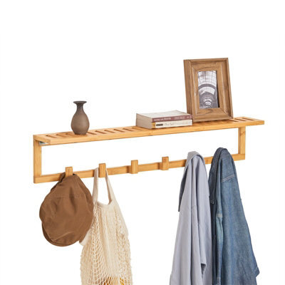Sobuy Fhk06-N, Bamboo Wall Coat Rack With 6 Hooks Bathroom Wall Towel Rack Shelf, W90Xd12.5Xh14.5 - image 1