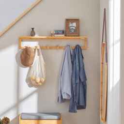 Sobuy Fhk06-N, Bamboo Wall Coat Rack With 6 Hooks Bathroom Wall Towel Rack Shelf, W90Xd12.5Xh14.5 - thumbnail 2