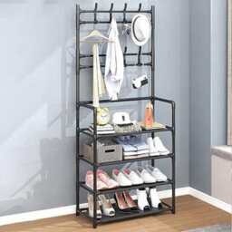 Living And Home 4 Tier Black Entryway Shoe Rack With Coat Hanger 158Cm